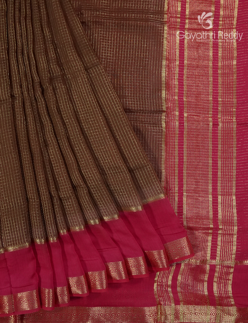 Semi Mysore Crepe Saree in Brown and Ruby Pink