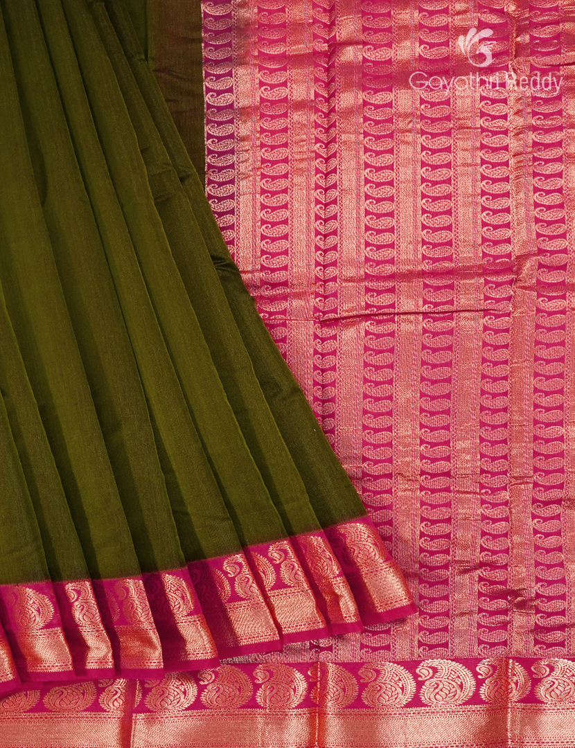 Pure Kanchi Sico Saree in Deep Olive Green and Rani Pink