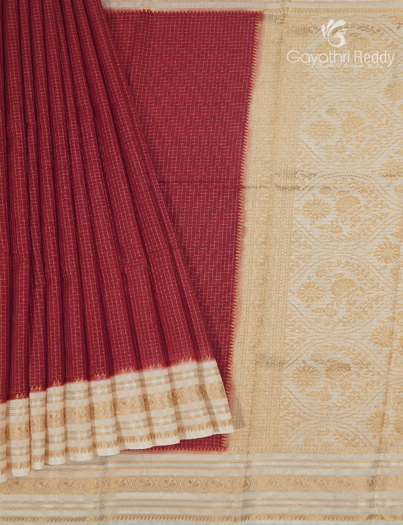 Semi Mysore Crepe Saree in Deep Red and Cream