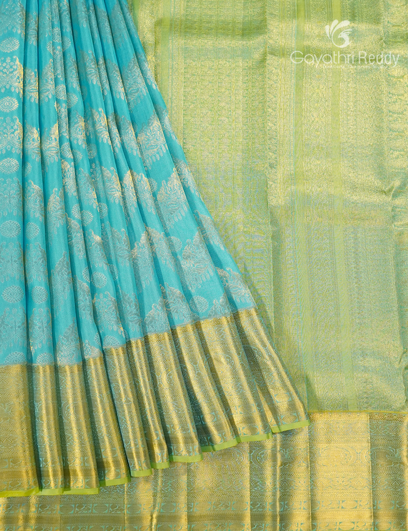 Pure Kanchipuram Silk Bridal Saree in Sea Blue and Parrot Green
