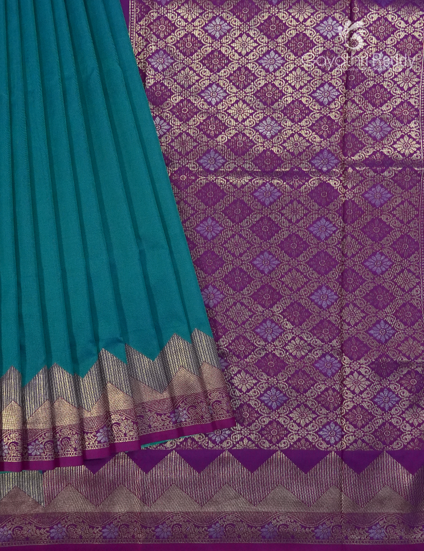 Semi Kanchipuram Art Silk Saree in Deep Peacock Blue and Magenta