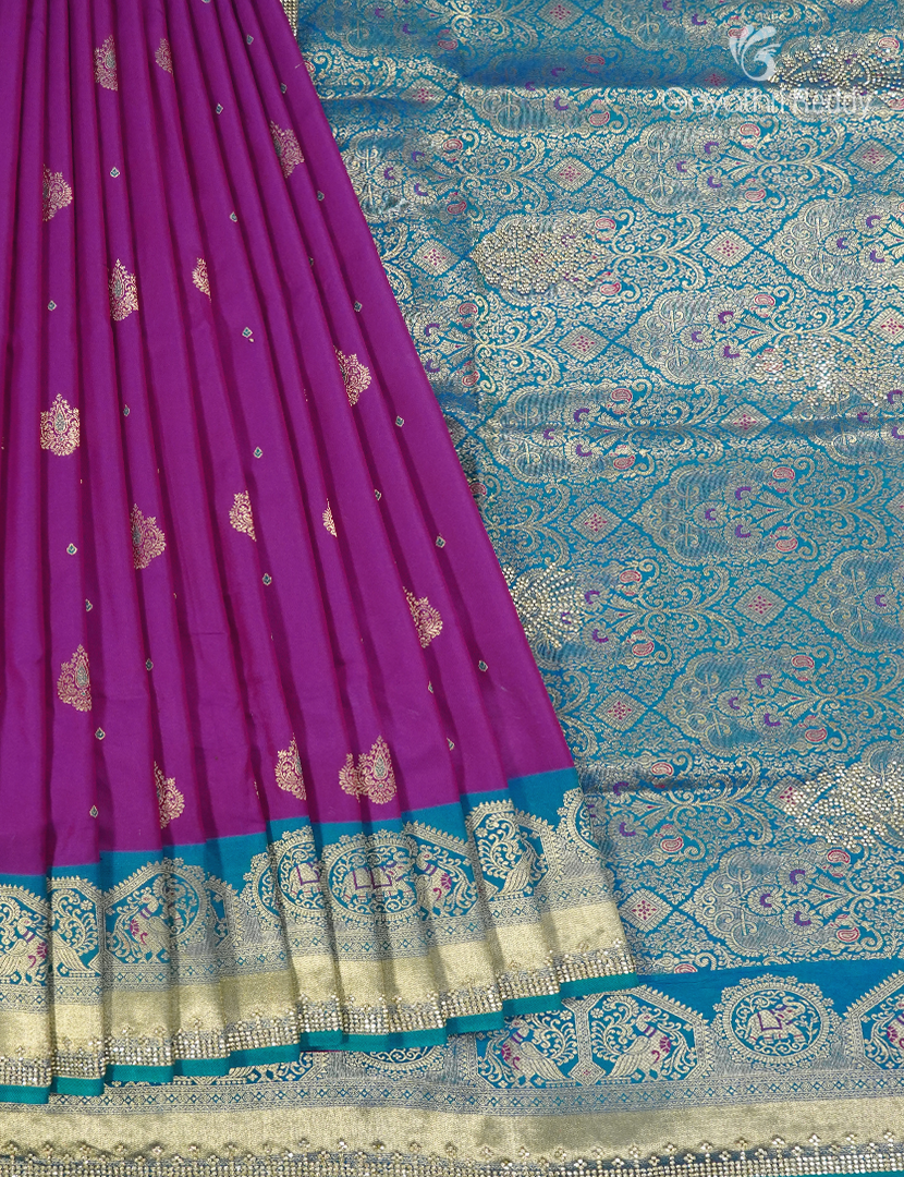 Semi Kanchipuram Silk Fancy Saree in Deep Jamun and Rama Blue