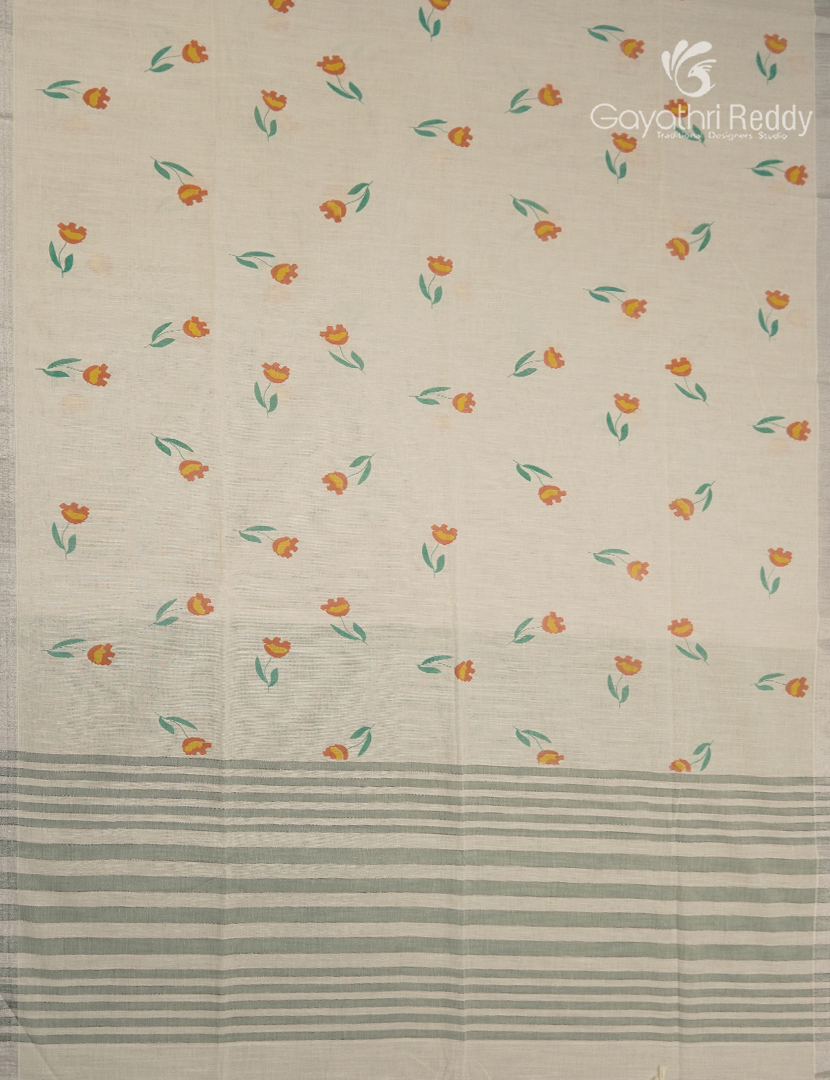 Pure Kanchi Cotton Printed Saree in Ivory and Grey
