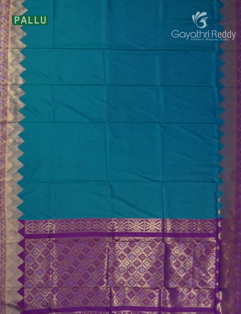 Semi Kanchipuram Art Silk Saree in Deep Peacock Blue and Magenta