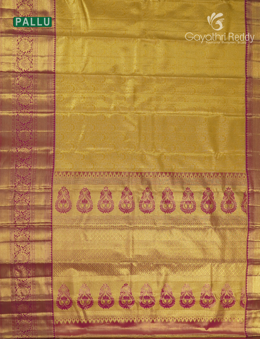 Pure  Kanchipuram Silk Saree in Golden Yellow  and Rani Pink ( Brocade Pattern )