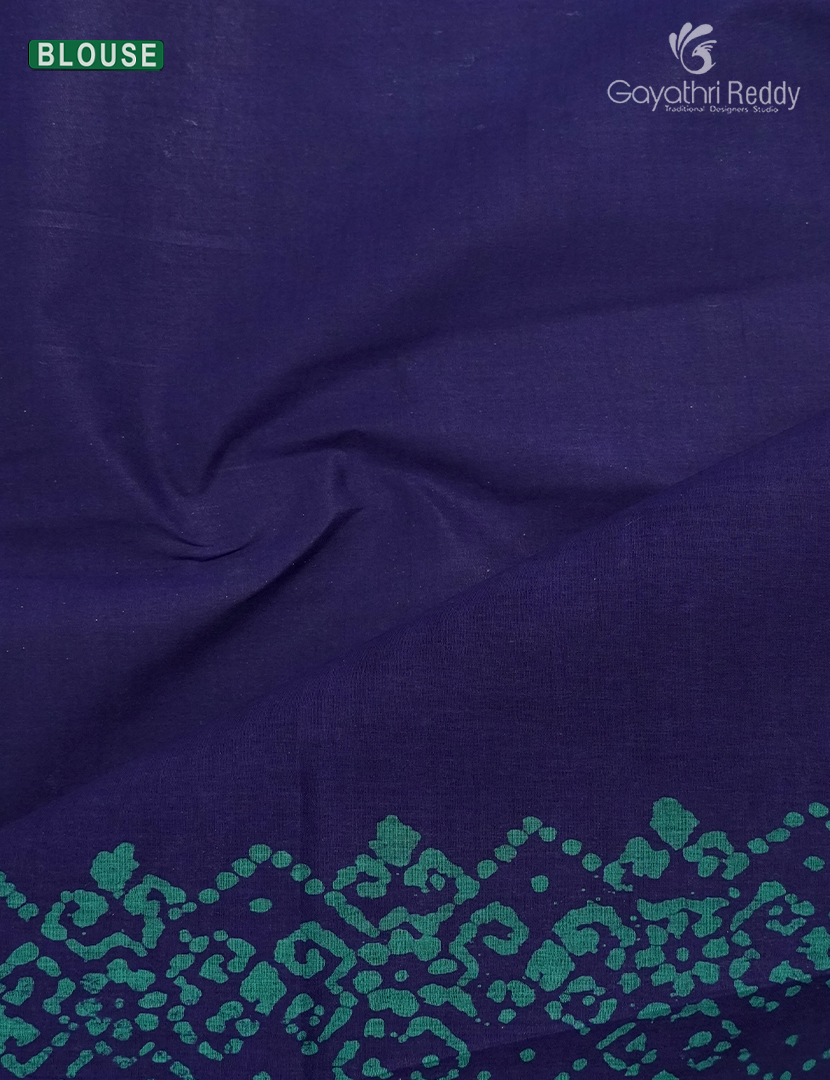 Cotton Batik Print Saree in Navy Blue and Sea Green