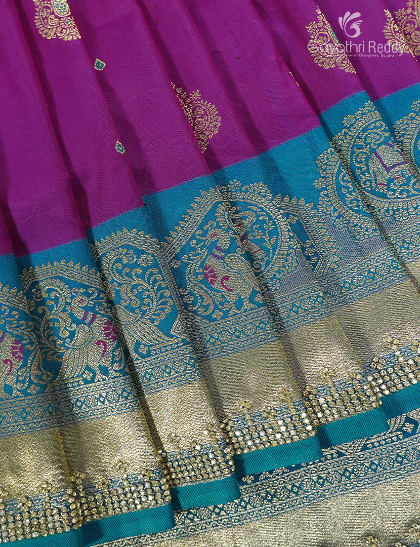 Semi Kanchipuram Silk Fancy Saree in Deep Jamun and Rama Blue