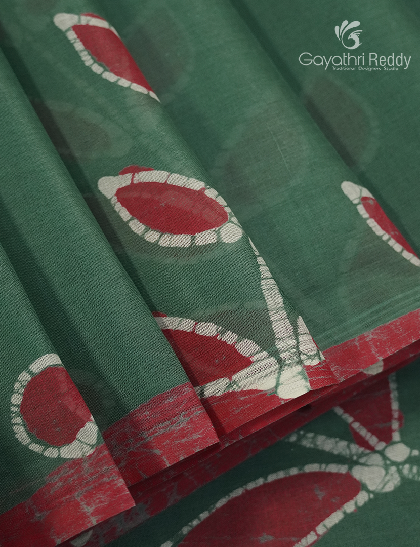 Cotton Batik Print Saree in Pista Green