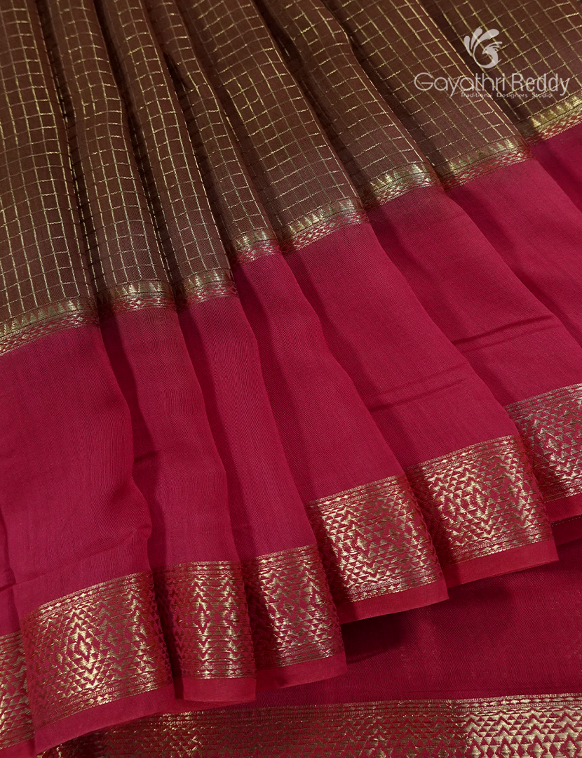 Semi Mysore Crepe Saree in Brown and Ruby Pink