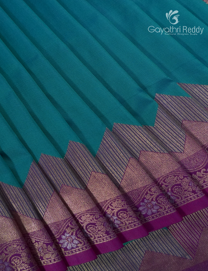 Semi Kanchipuram Art Silk Saree in Deep Peacock Blue and Magenta