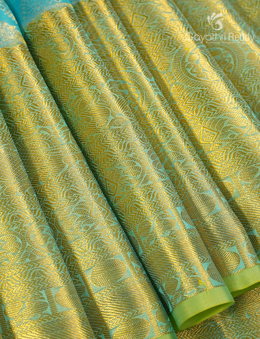 Pure Kanchipuram Silk Bridal Saree in Sea Blue and Parrot Green