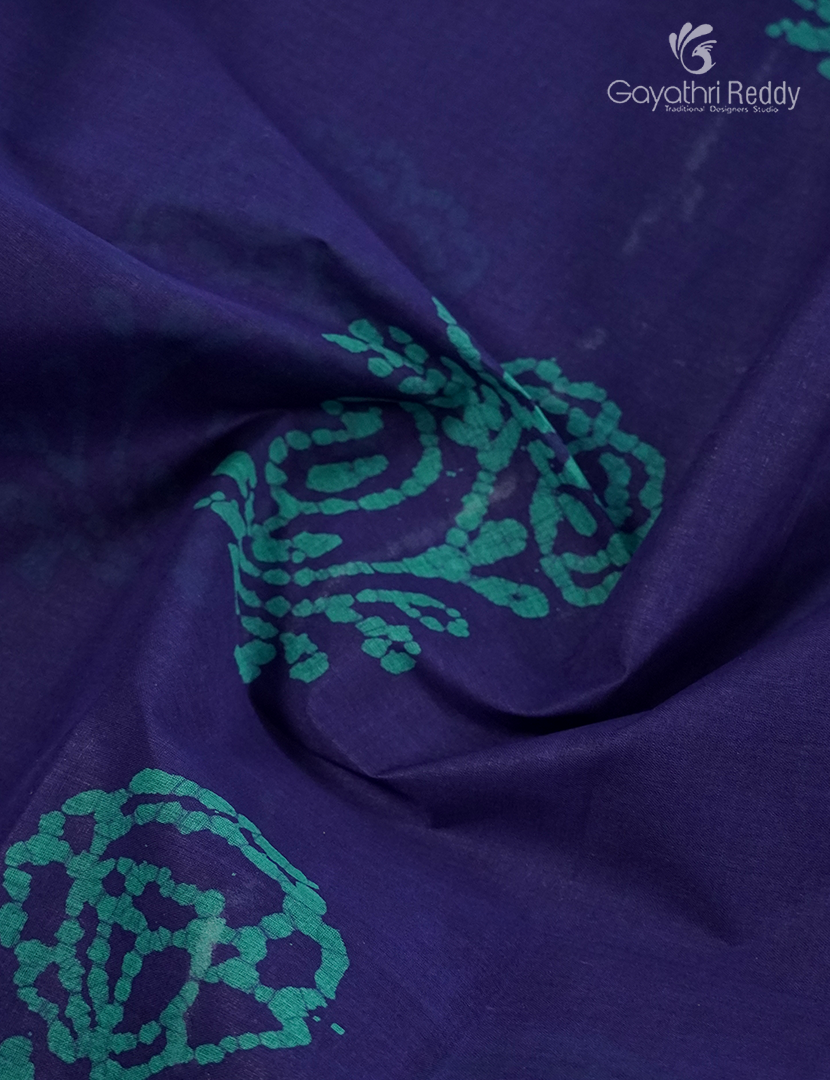 Cotton Batik Print Saree in Navy Blue and Sea Green