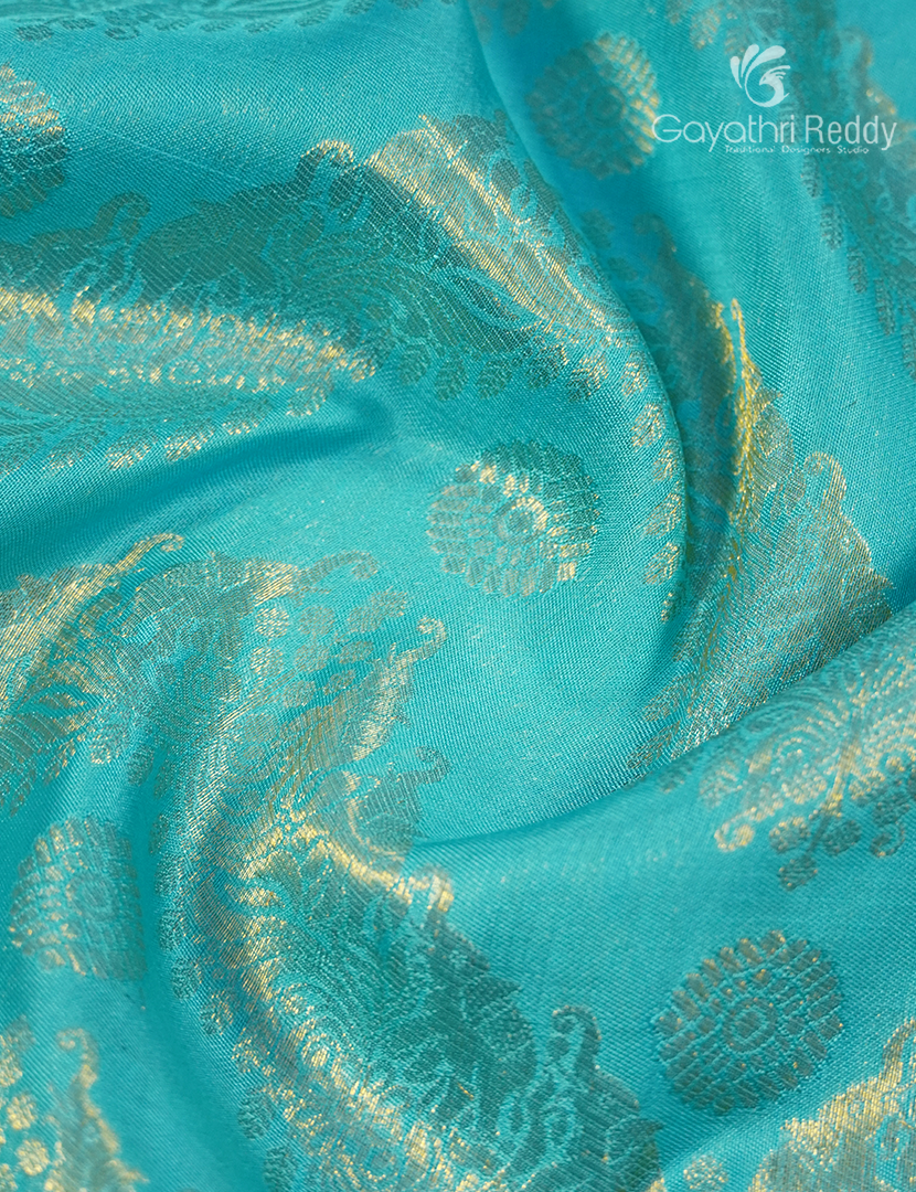 Pure Kanchipuram Silk Bridal Saree in Sea Blue and Parrot Green