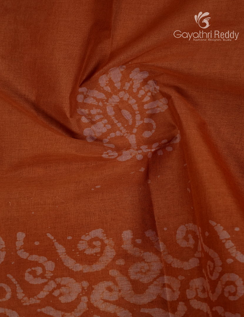 Cotton Batik Print Saree in Rust and Peach