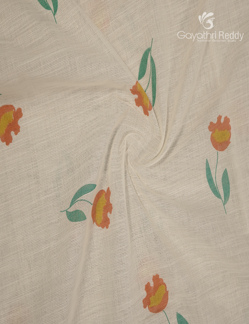 Pure Kanchi Cotton Printed Saree in Ivory and Grey