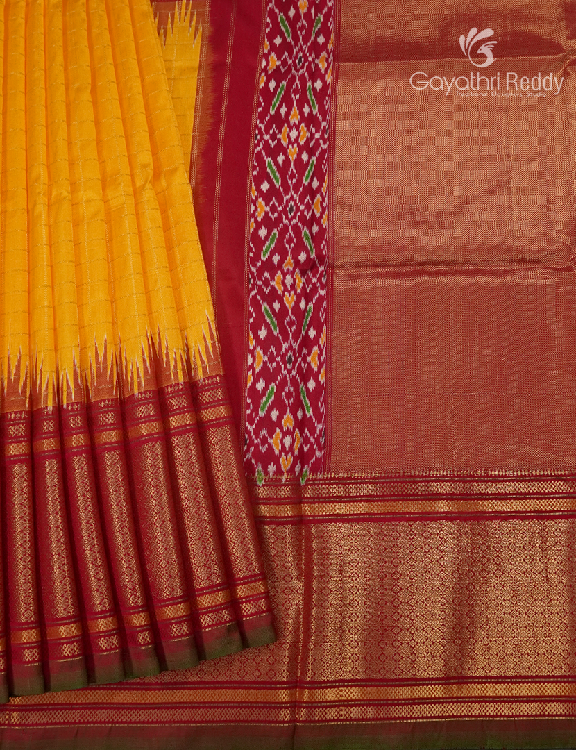 Pure Ikat Silk Saree in Yellow and Maroon Red
