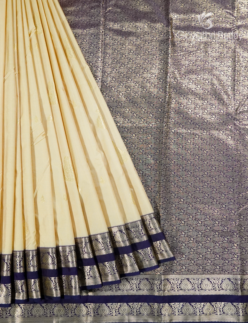 Semi Kanchipuram Silk Saree Cream and Navy Blue