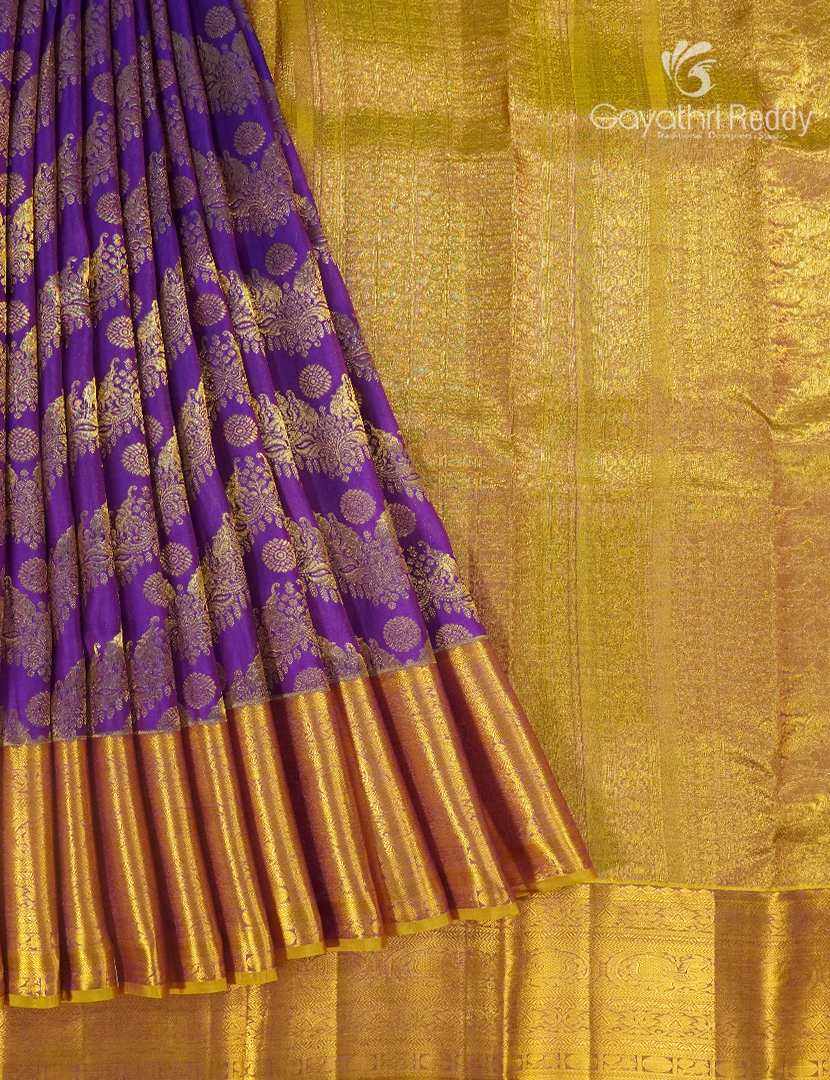 Pure Kanchipuram Silk Bridal Saree in Deep Purple and Golden Yellow