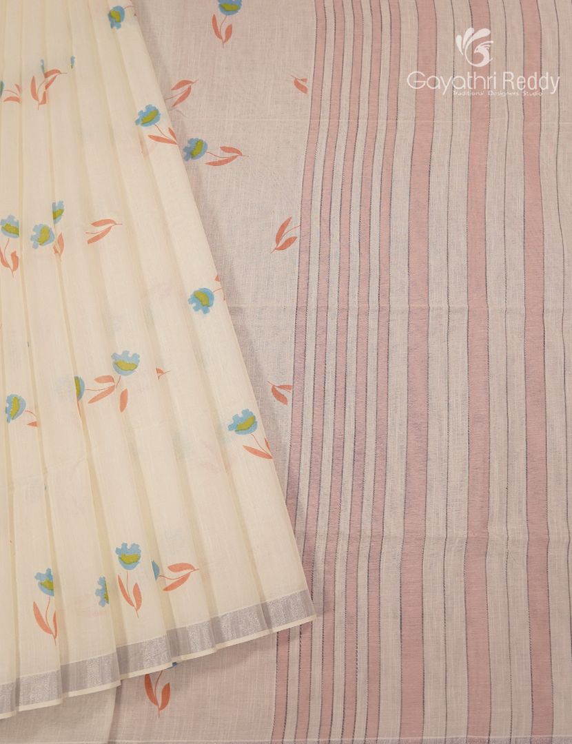 Pure Kanchi Cotton Printed Saree in Cream and Pastel Peach