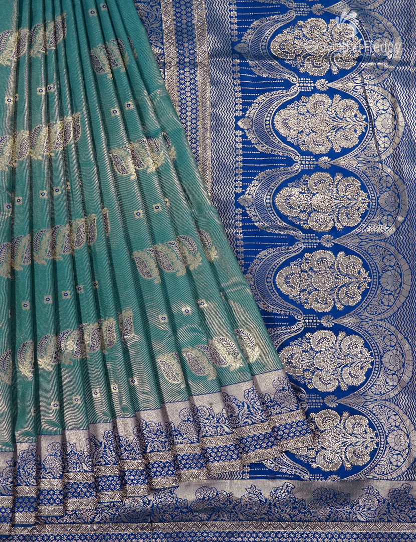 Semi Kanchipuram Silk Fancy Saree in Rama Green and Navy Blue