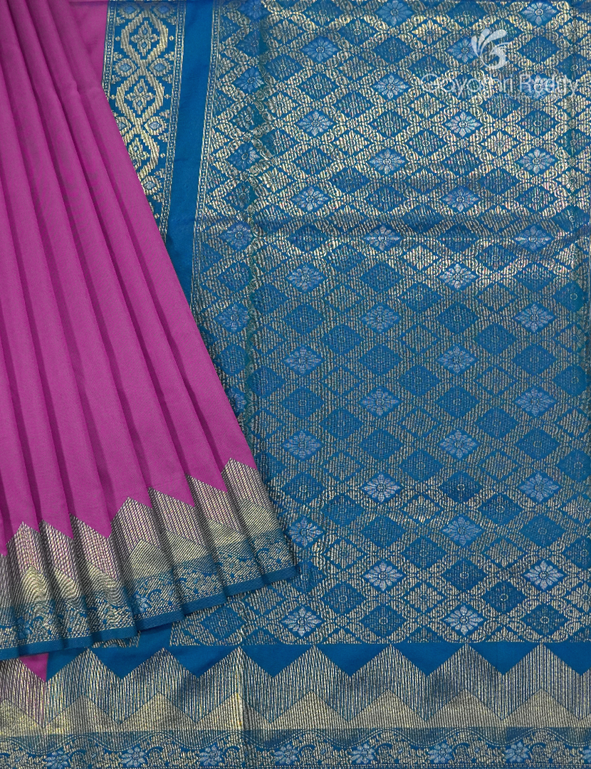 Semi Kanchipuram Art Silk Saree in Deep Magenta and Deep Peacock Blue