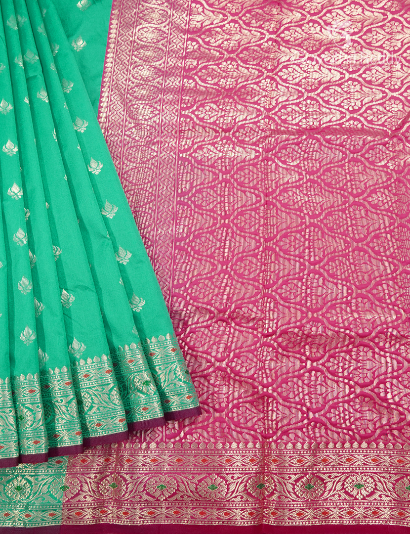 Semi Banaras Katan Silk Saree in Sea Green and Pink