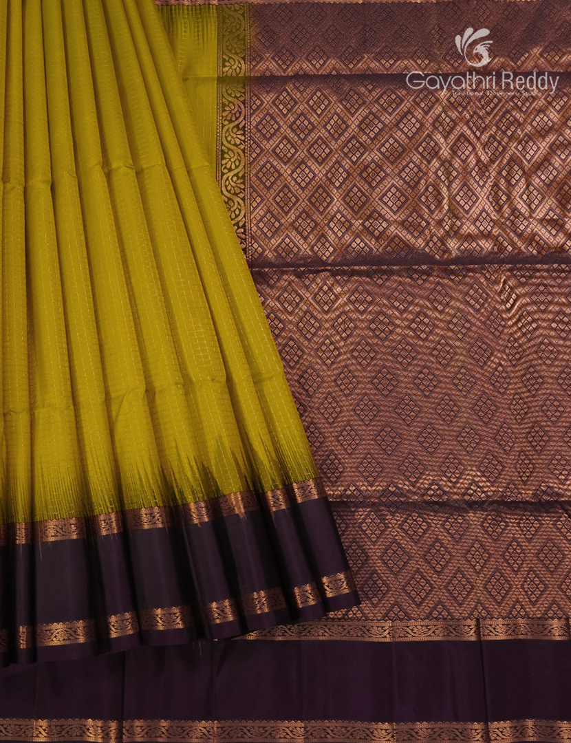 Pure Kanchipuram Vintage Silk Saree in Lime Yellow and Deep Brown