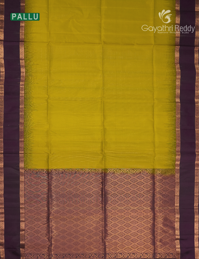 Pure Kanchipuram Vintage Silk Saree in Lime Yellow and Deep Brown