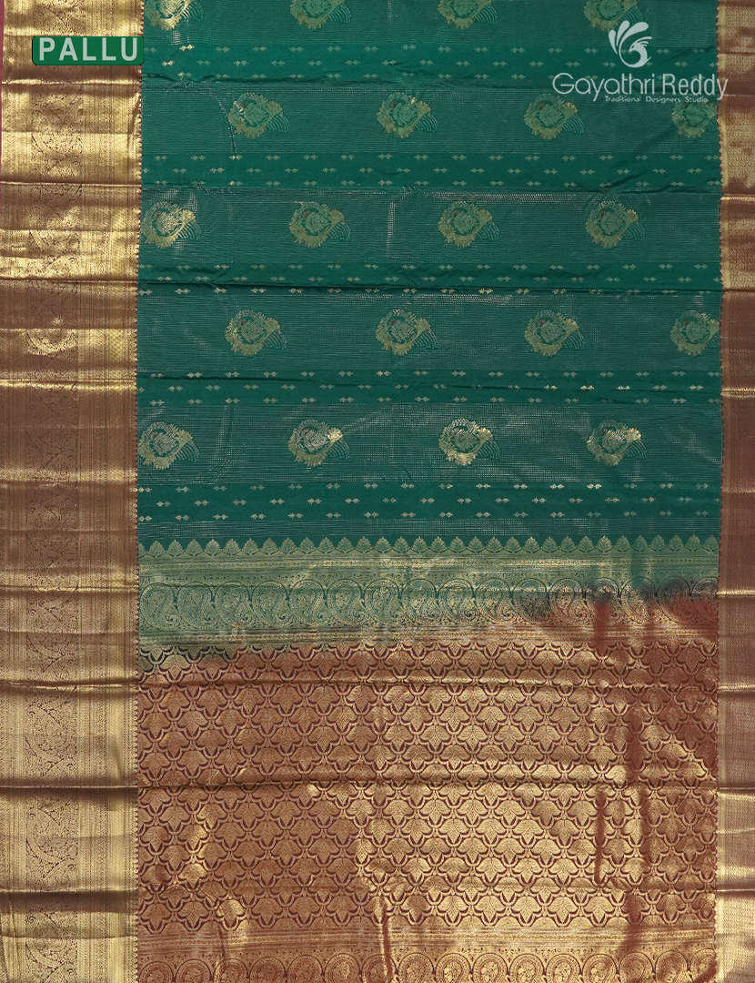 Semi Kanchipuram Silk Saree in Deep Peacock Green  and Brown
