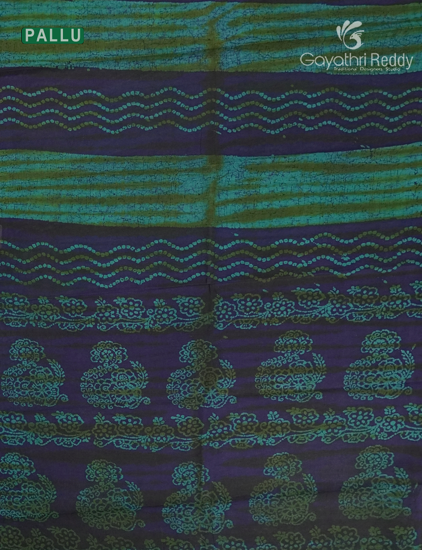 Cotton Batik Print Saree in Deep Navy Blue and Sea Green