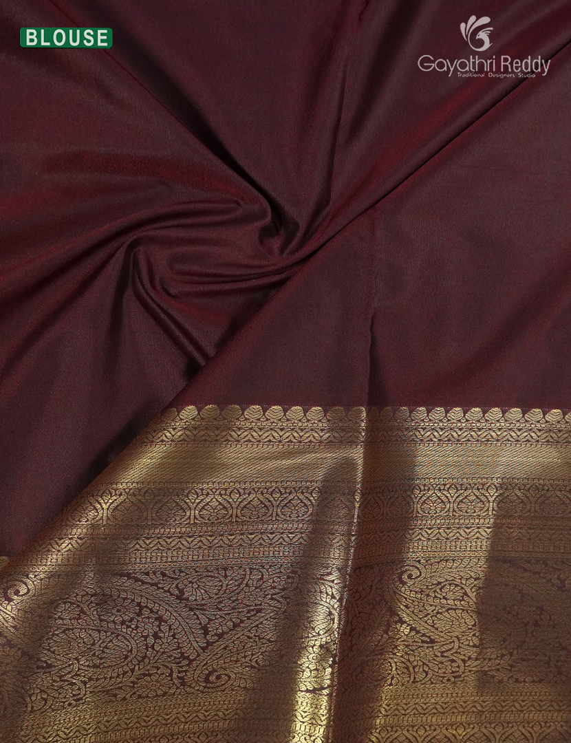 Semi Kanchipuram Silk Saree in Deep Peacock Green  and Brown