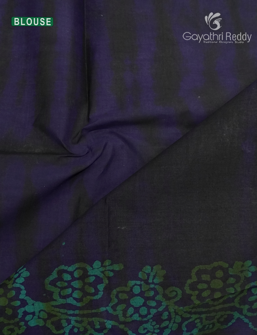 Cotton Batik Print Saree in Deep Navy Blue and Sea Green
