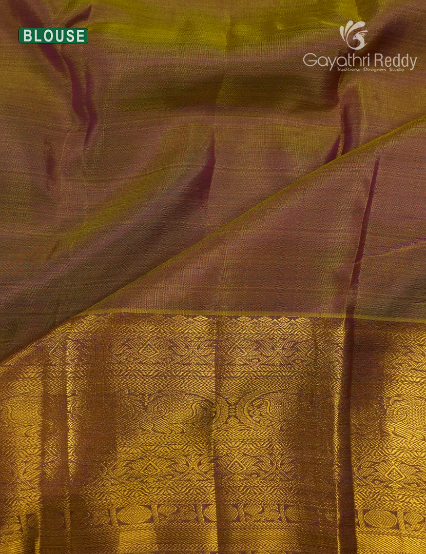 Pure Kanchipuram Silk Bridal Saree in Deep Purple and Golden Yellow