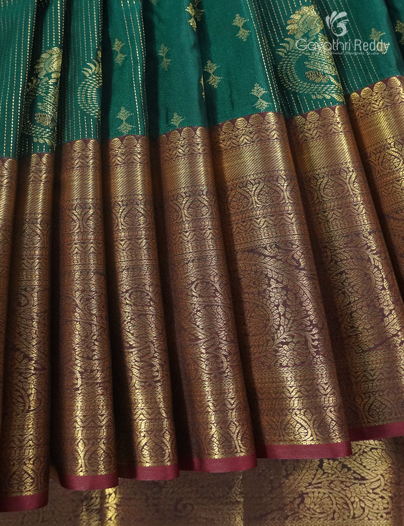 Semi Kanchipuram Silk Saree in Deep Peacock Green  and Brown