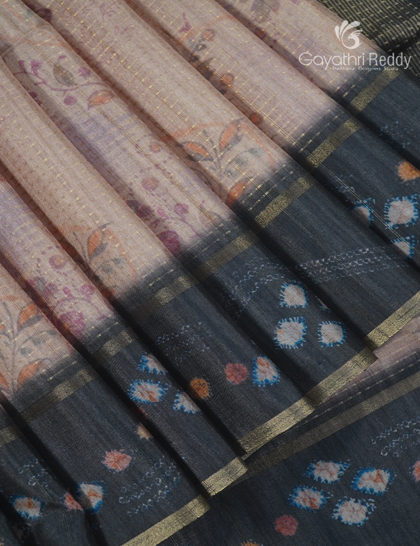 Semi Tussar Saree in Pastel Peach and Ash Black