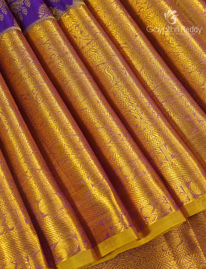 Pure Kanchipuram Silk Bridal Saree in Deep Purple and Golden Yellow