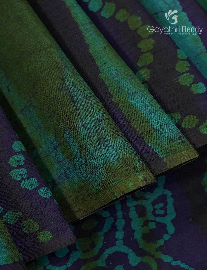 Cotton Batik Print Saree in Deep Navy Blue and Sea Green