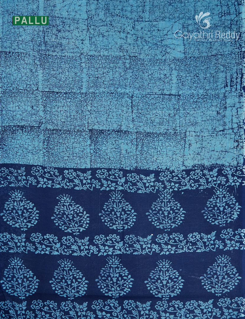 Cotton Batik Print Saree in Navy blue and Sky blue