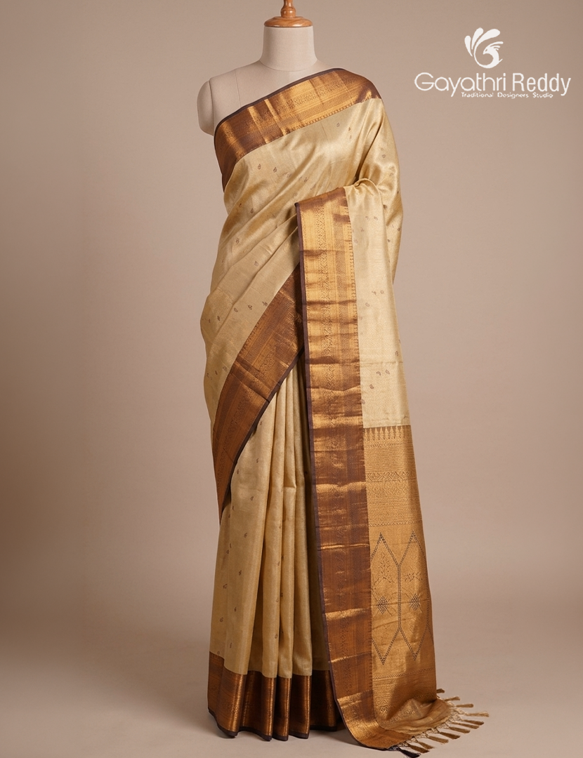 Semi Kanchipuram Silk Saree in Antique Gold and Navy Blue