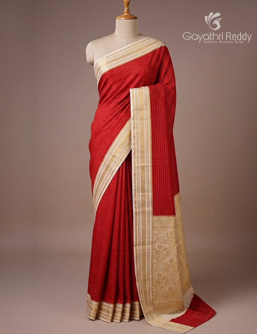 Semi Mysore Crepe Saree in Deep Red and Cream