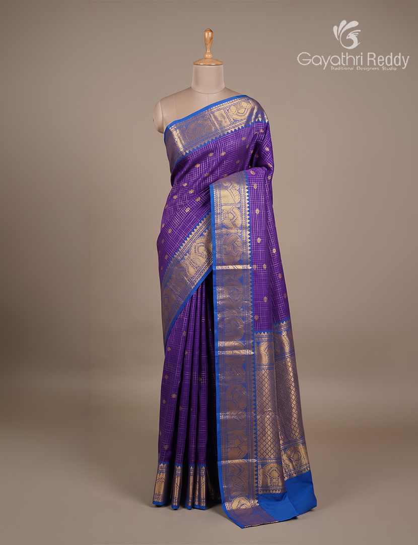 Pure Gadwal Silk Saree in Deep Violet and Blue