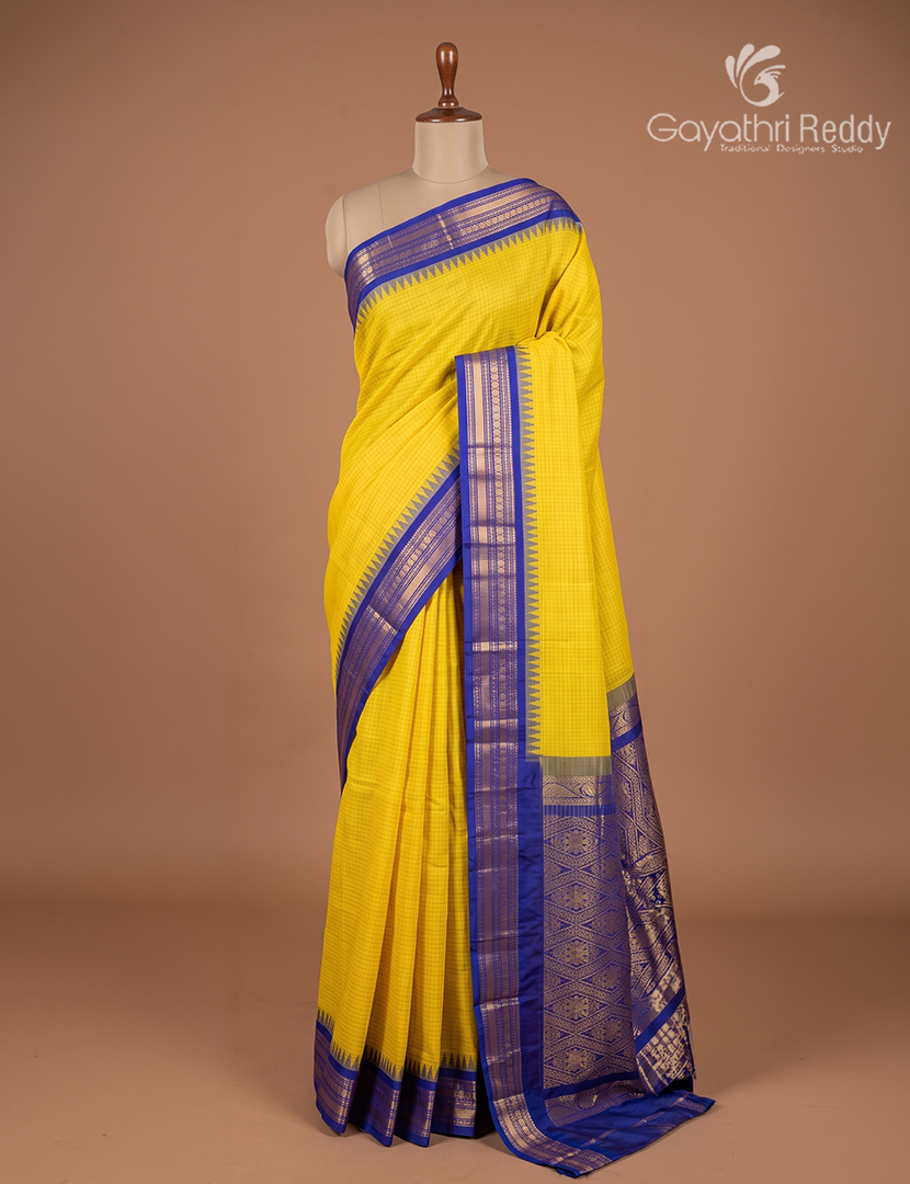 Pure Gadwal Cotton Saree in Sunshine Yellow and Royal Blue
