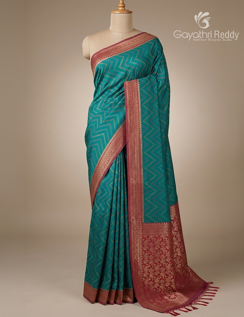 Semi Kanchipuram Silk Fancy Saree in Sea Blue and Rani Pink