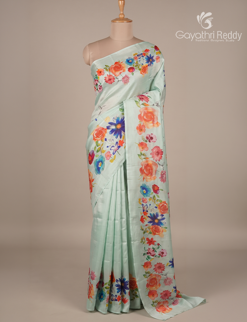 Pure Dupion Digital Print Saree in Pastel Mint Green