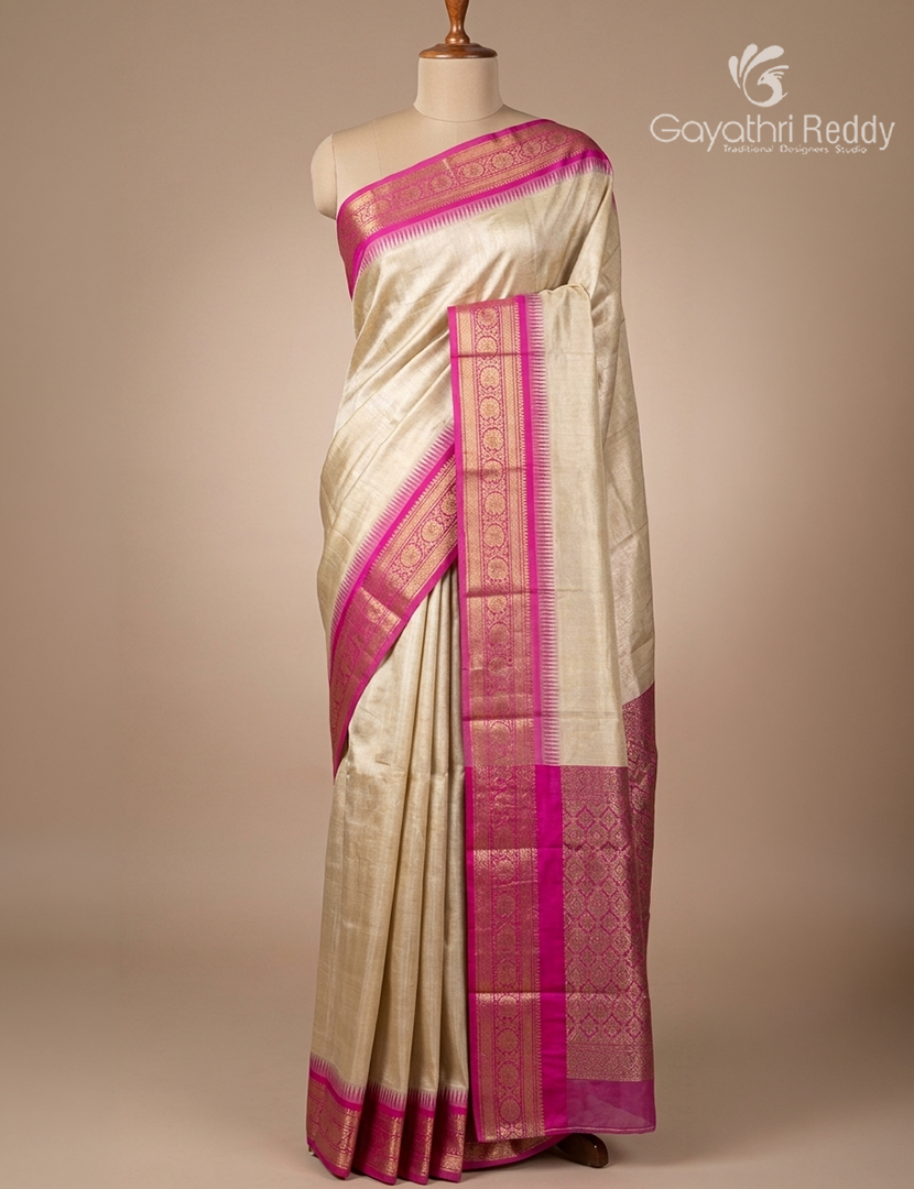 Semi Tissue Gadwal Saree in Cream and Rani Pink