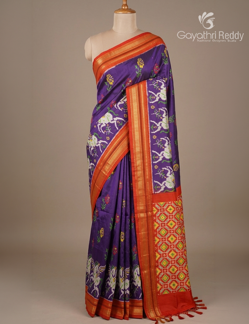 Pure Ikat Silk Saree in Deep Violet and Red