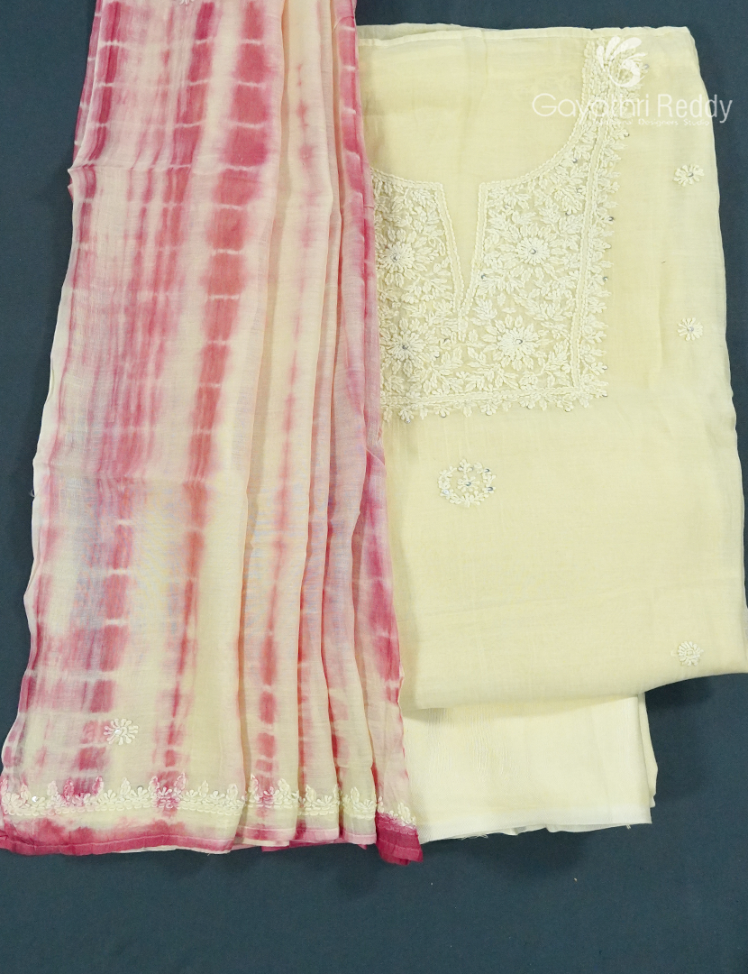 Dress Material 3 Piece Set in Cream and Pink