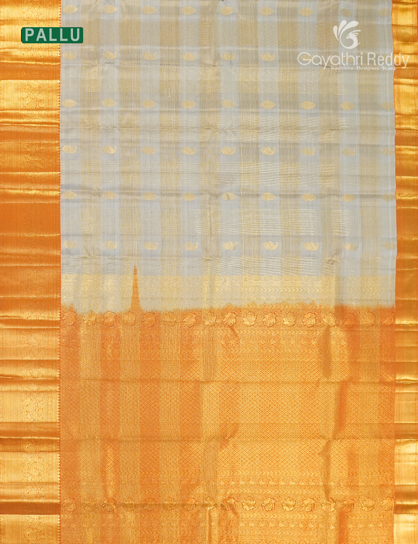 Pure Kanchipuram Silk Vintage Saree in Off-White  and Mustard Yellow