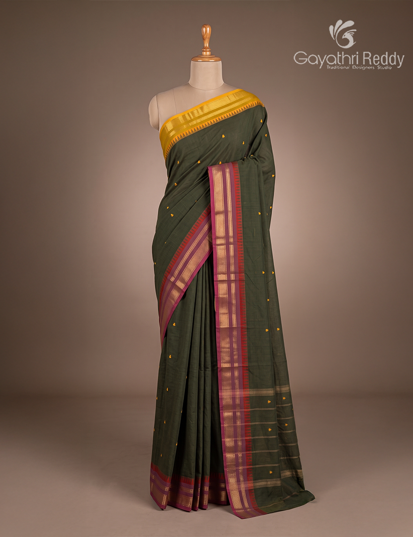Pure Handloom Cotton Saree in Deep Olive Green