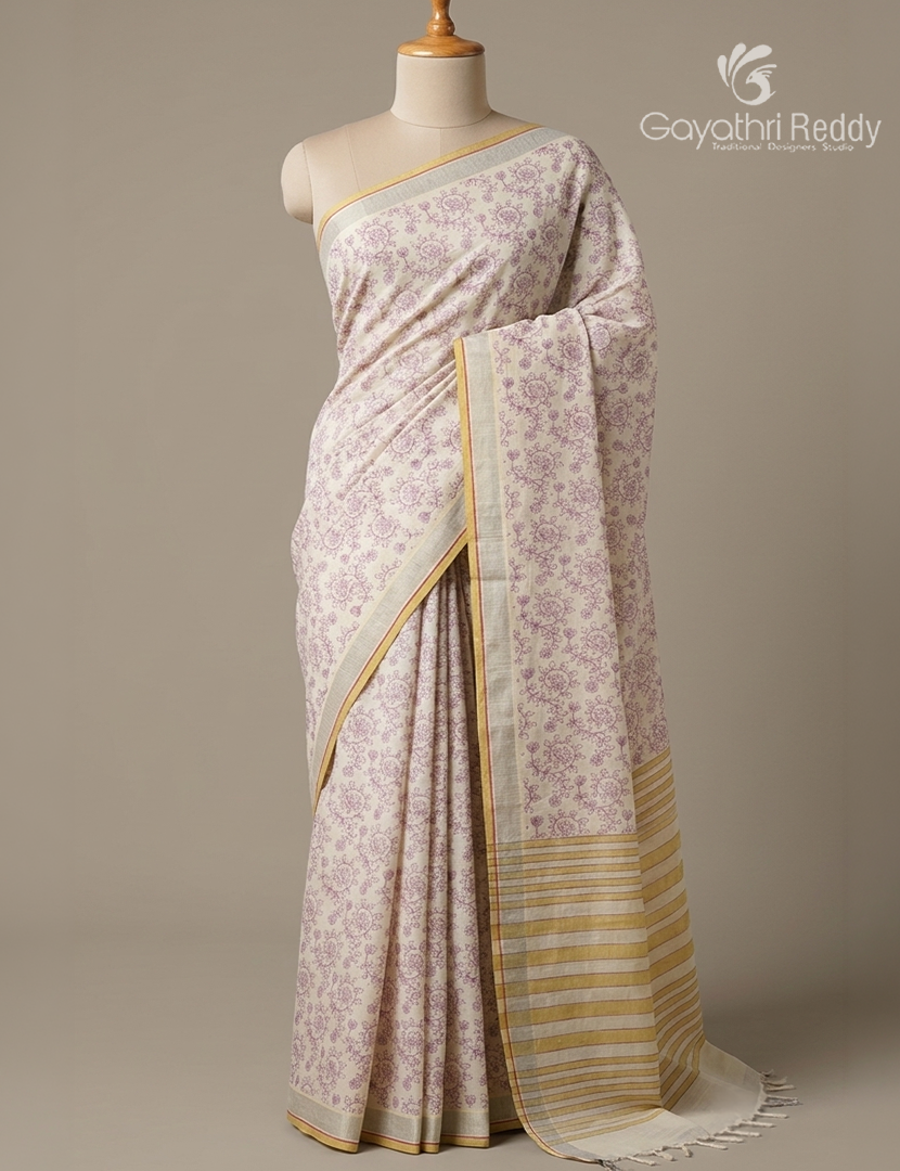 Pure Kanchi Cotton Printed Saree in Ivory and Mustard